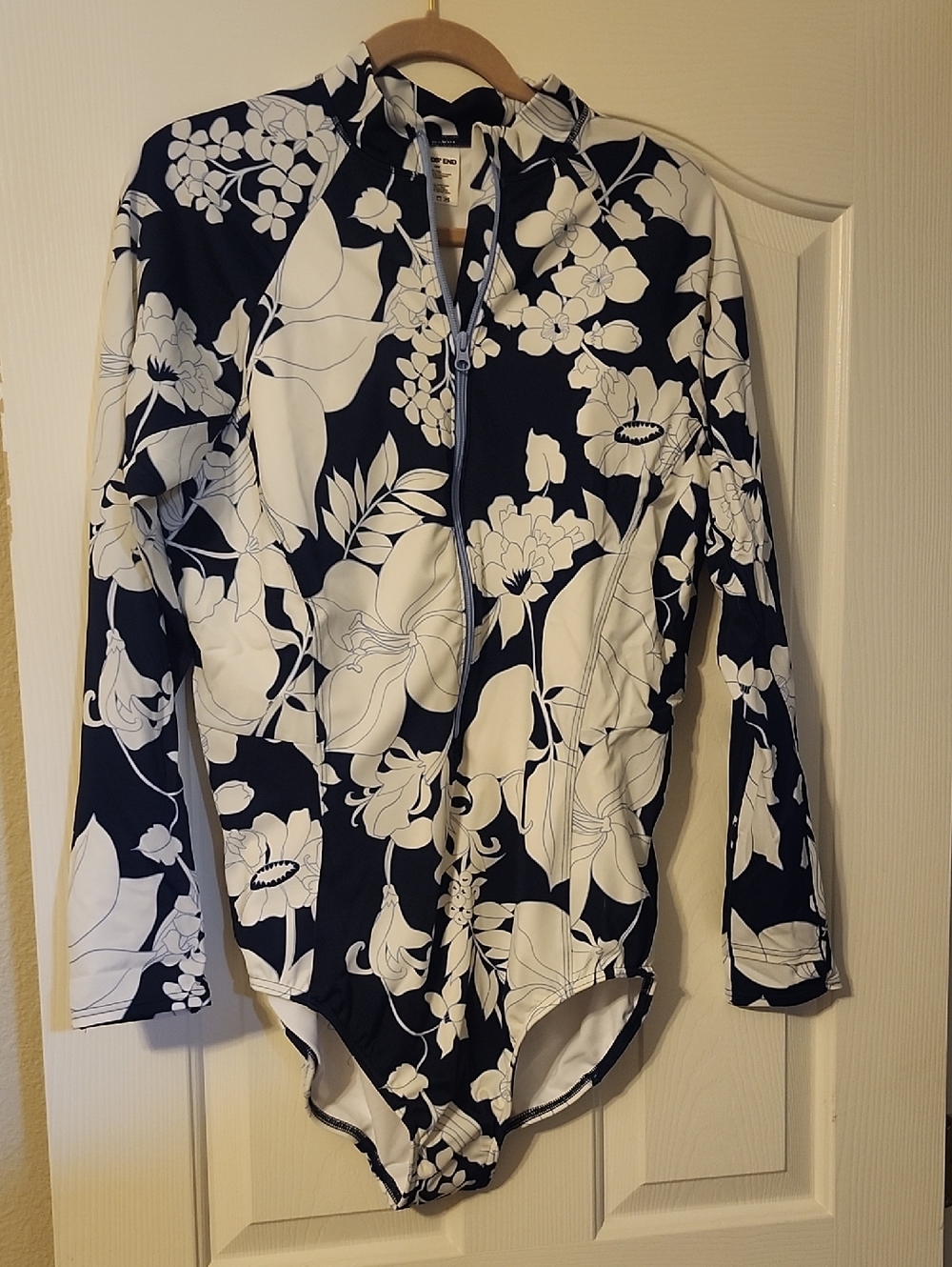 New! Lands' End Navy and White Floral Zip-Front Long-Sleeve Swimsuit